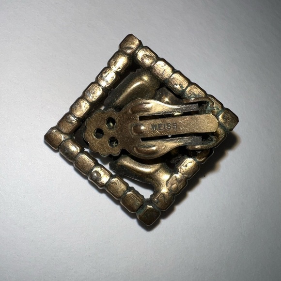 Vintage Weiss 1950s Amber Rhinestone Square Clip On Earrings - Picture 5 of 11